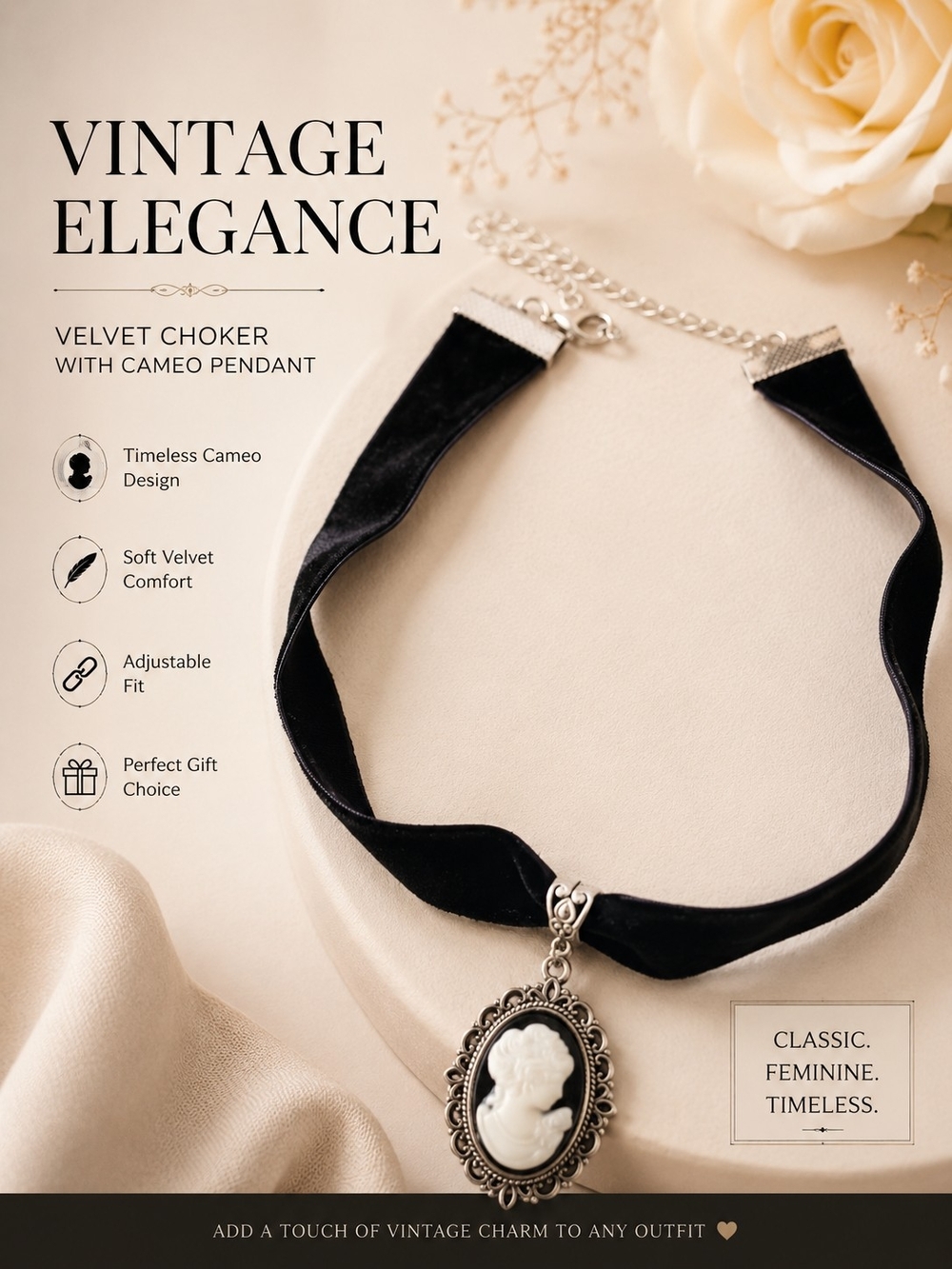 Vintage Black Velvet Cameo Choker Necklace